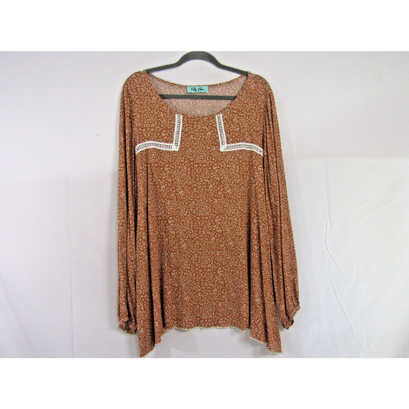 Filly Flair Rayon Brown Floral Lace Top sz XL Boho Cottagecore Tunic Flowy - Picture 1 of 8
